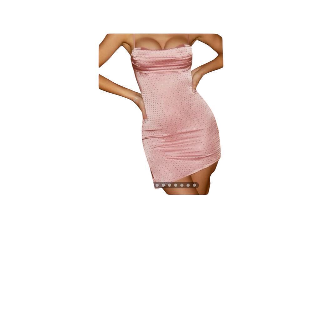 Oh Polly Sparkly Pink Satin Mini Dress – Rhinestone Cowl Neck Party Dress, SZ 10